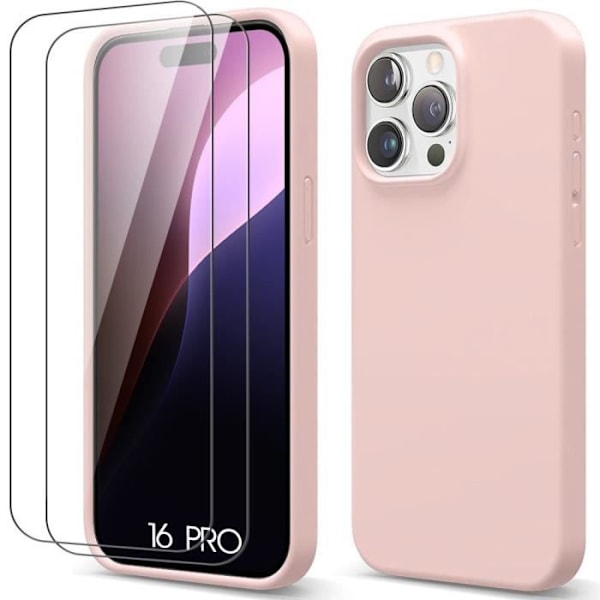 Case + 2 Tempered Glass for iPhone 16 Pro Liquid Silicone Slim Lightweight Anti-Scratch Protection - Pink