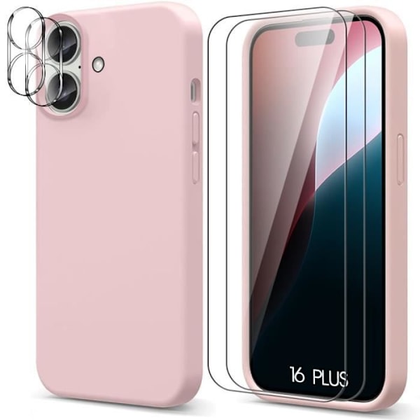 Vaaleanpunainen silikonikotelo iPhone 16 Plus -puhelimeen, jossa 2 karkaistua lasia ja 2 takalasin lasia Pink