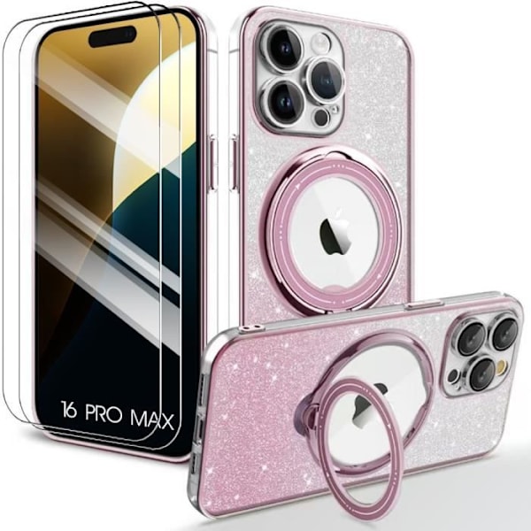 Case + 2 tempered glasses for iPhone 16 Pro Max, silicone protection with rotating magnetic support Pink