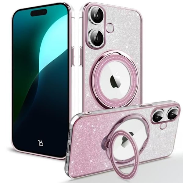 Etui til iPhone 16, Stødsikkert silikonebeskyttelse med roterende magnetisk stativ - Pink Pink