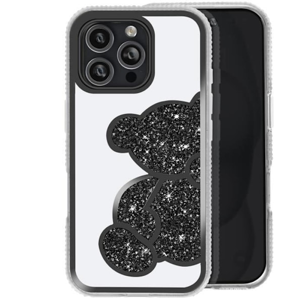 Teddy Bear Cover til iPhone 16 Pro Max med Rhinestone Mønster Skinnende Kontur Sort Black