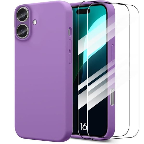 Etui og 2 herdet glass til iPhone 16, Ultra Slim Protection Shockproof Anti-Scratch Lilla