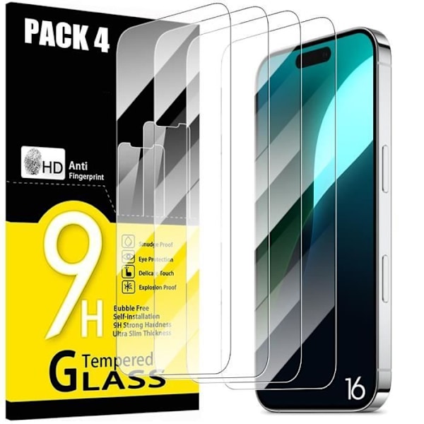 [4 pieces] Tempered glass for iPhone 16, clear screen protector against scratches