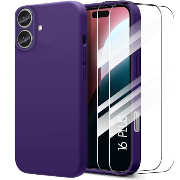 Etui til iPhone 16 Plus - Ultra Slim Flytende Silikon Beskyttelse Mørk Lilla + 2 herdet glass