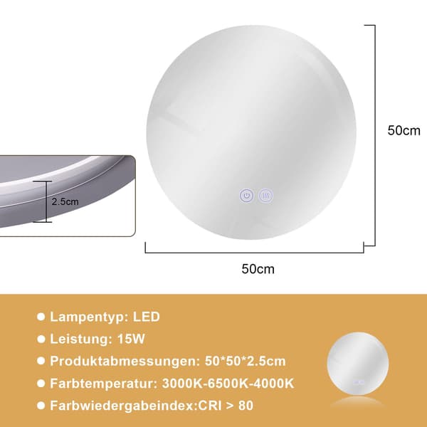 Badrumsspegel med Belysning Rund 50cm Badrumsspegel LED Väggspegel med Touchfunktion