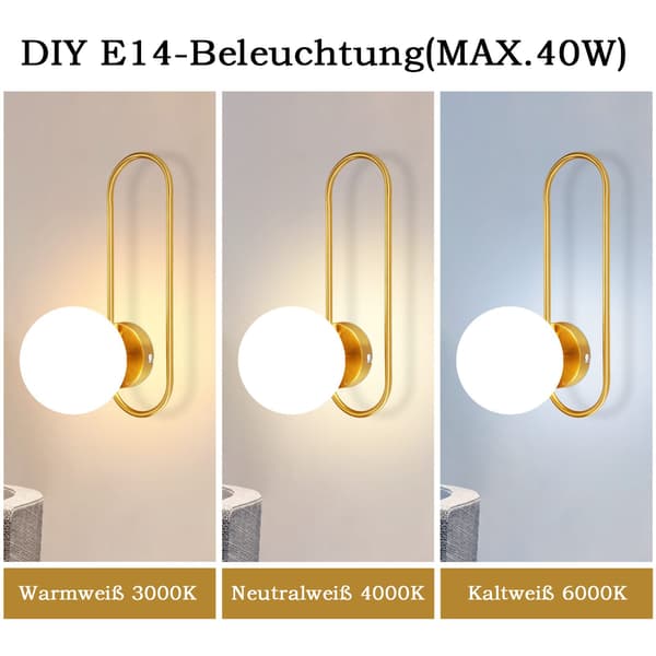 NETTLIFE Vägglampa inomhus E14 Guld Glasboll Retro Modern Sovrum Väggbelysning
