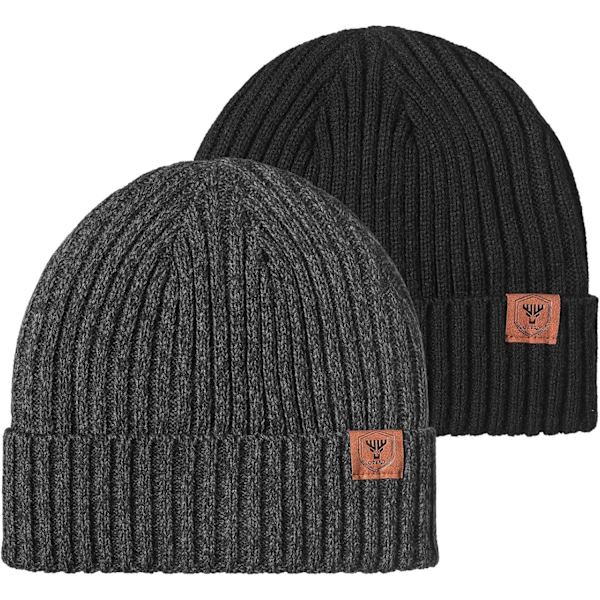 Strikkede Vinterlue, Termisk Tykk Polarfleece Snølue for Menn og Kvinner Black+Light Gray