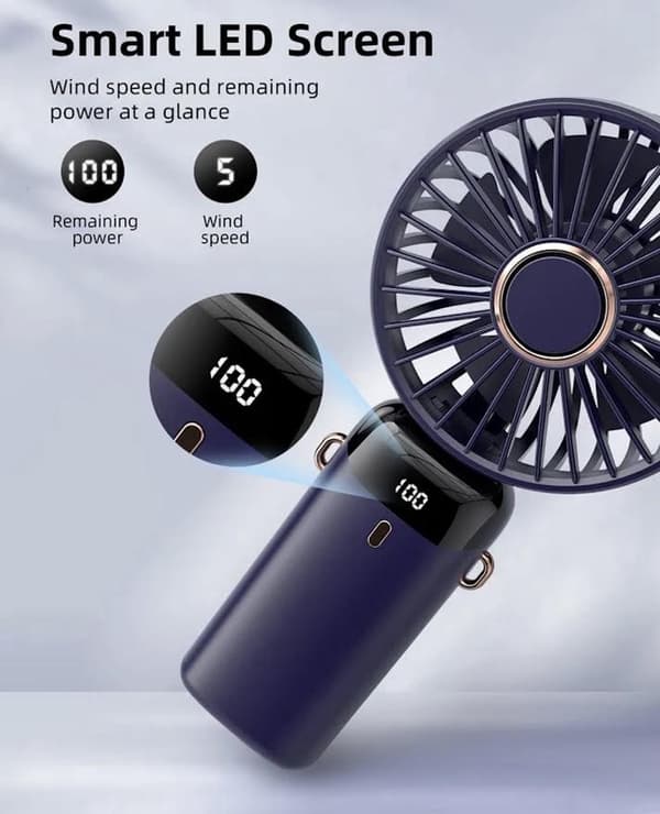 ING Håndholdt Ventilator - Hvid - Mini Ventilator - 3600 mAh - Digitalt Billede - 5 Tilstande