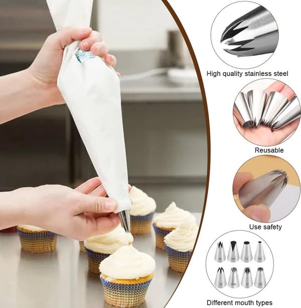ING 8-delt profesjonelt sprøytetippsett, laget av rustfritt stål, for dekorering av kaker og muffins.