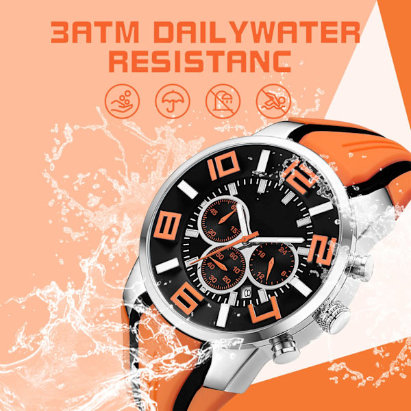 Militär- och sportklocka för män och pojkar, kronograf med cool analog kvarts Orange