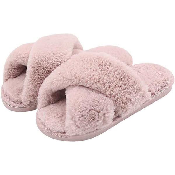 Slippers til kvinder - Fluffy Slides med åben tå - Kunstig pels - Søde og komfortable hjemmesko til piger - 01 Pink 3/4 UK