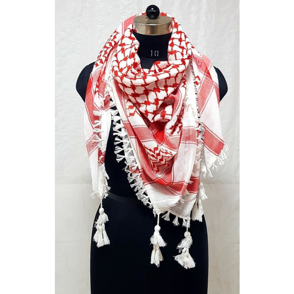 Palestinasjal, Keffiyeh, Arafat Hatta, bred med tofsar, Shemagh Keffiyeh Arab hundtandsmönster 100 % vit röd