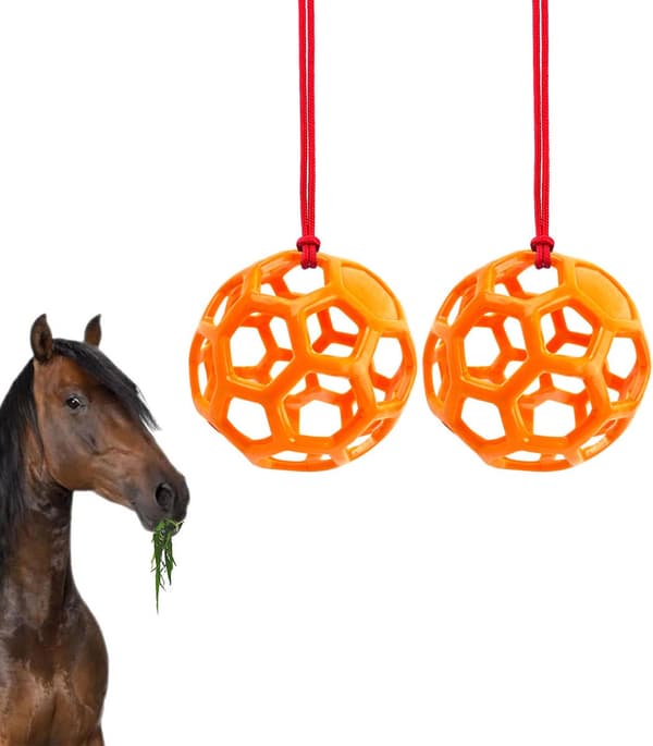 Hængende hø- og foderbolde 2-delt sæt, stresslindrende legetøj til heste og geder, orange.
