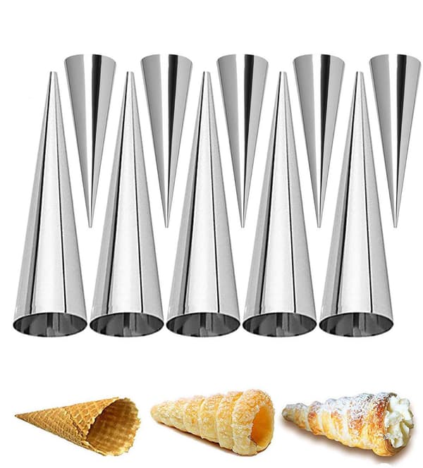 Sæt med 10 kegleformede bageforme i rustfrit stål (5 af hver størrelse, til dessertbagning, sølv)