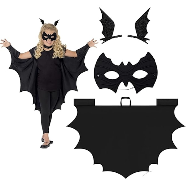 Lasten Halloween-lepakkoasu Lepakkoasu + Lepakkomask + 2 Lepakkosiipien Sarja 3 Hiuspinniä Halloween-cosplay-juhliin lapsille 3-10 vuotta 100
