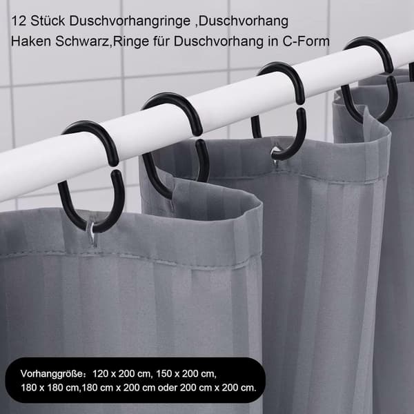 ING Duschdraperiringar - Duschdraperiringar - 12 duschdraperikrokar - Svart C-formad