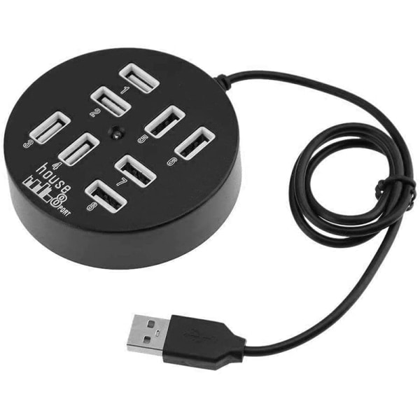 8-portinen nopea USB-laturiadapteri LED-valolla, musta