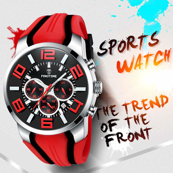 Militär- och sportklocka för män och pojkar, kronograf med cool analog kvarts Red
