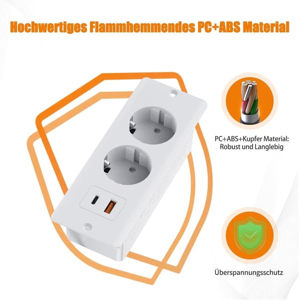 Forsænket stikdåse til bordpladebrug, dobbelte USB-porte, 2-meter kabel, hvid.
