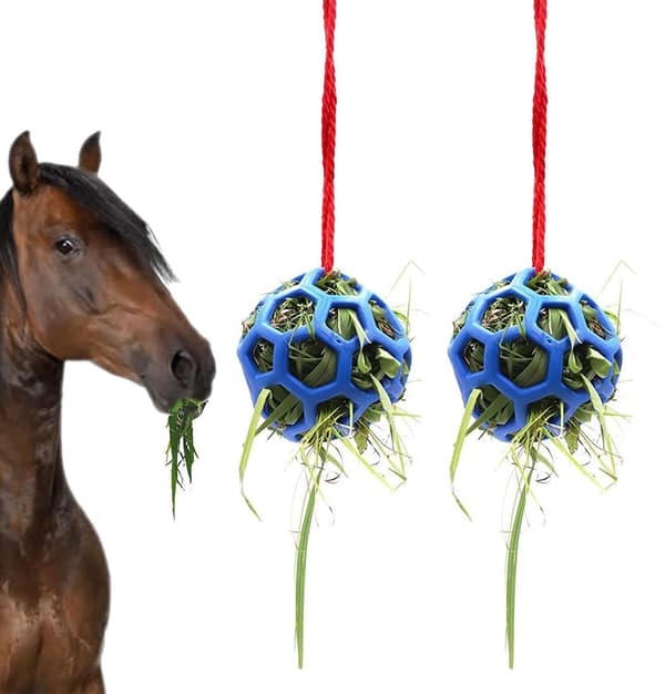 Hängande hö- och foderbollar (2-delat set), stresslindrande leksaker för hästar och getter, blå.