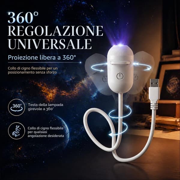 Stjärnhimmelsprojektor, vit, 12 projektionsark, 360° svanhals USB, stämningsbelysning för sovrum eller barnrum.