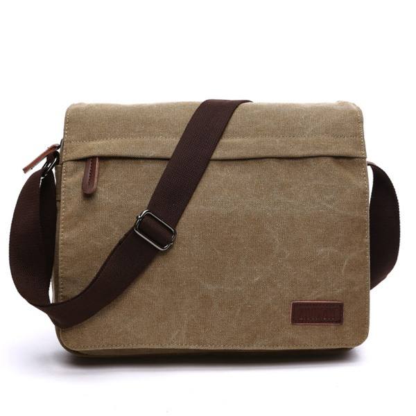 Canvas axelväska för män, herrhandväska, laptopväska för 14 tums laptop, axelväska / messengerbag / messengerbag, khaki