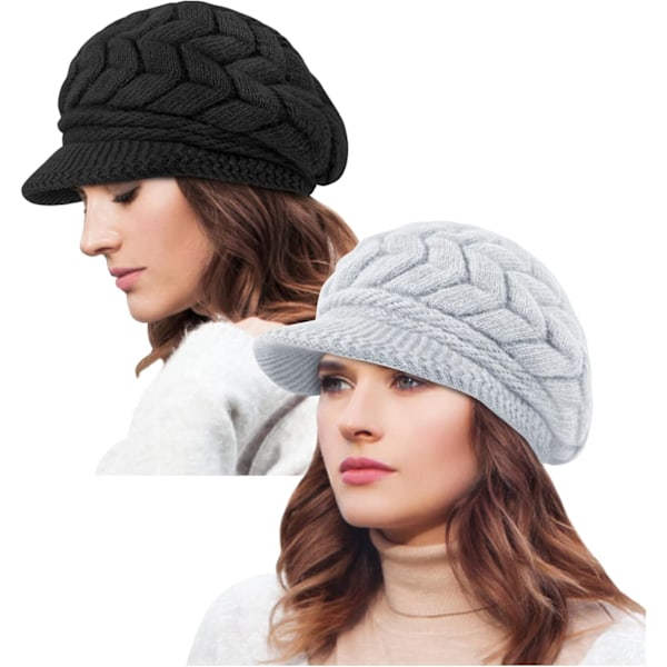 2 Pakkaa Naisten Talvihattuja Lämmin Neulehattu Löysä Beanie-Pipo Reunuksilla Lahjat Black+gray