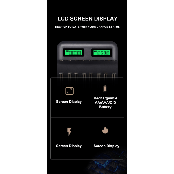 8-kammer multifunktionel LCD smart batterilader