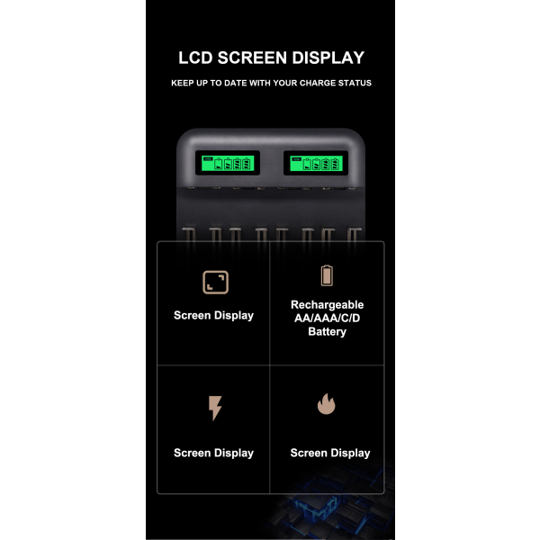 Batterilader med 8 rom, LCD-skjerm og flere funksjoner