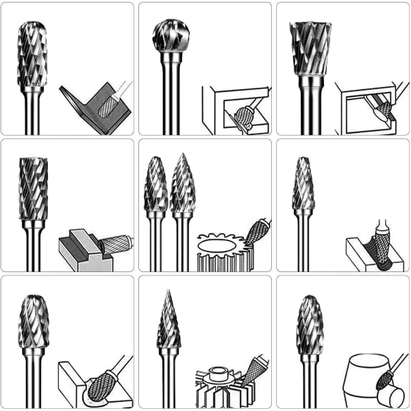 Karbidborsett for sliping, 1/8\" skaft, dobbelt kuttet, wolframkarbid, roterende sett, kompatibelt med Dremel for tre, metall, carving