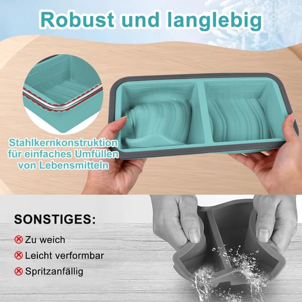 Dobbeltpakke med blå silikonefrysebeholdere med låg, til portionering og tilberedning af bouillon; velegnet til køling og frysning.