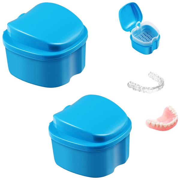 2-pack Tandprotesfodral, proteskopp med filter - Protesblötkopp med filter (Blå)
