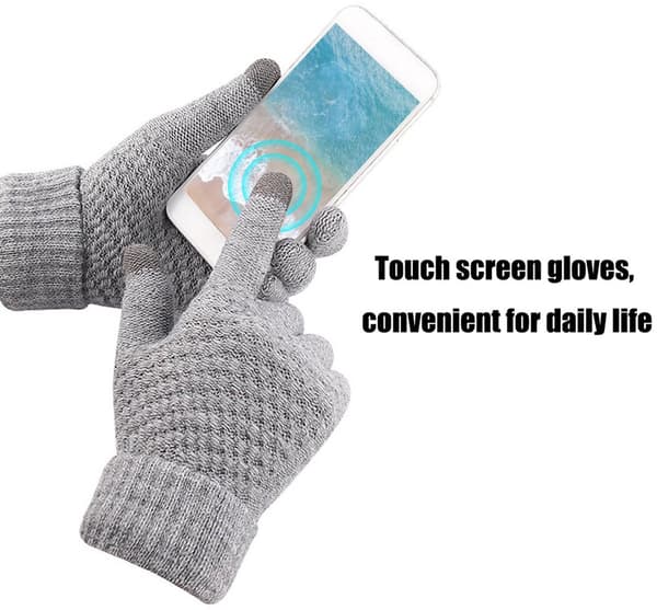 Vinter fuldfinger touchscreen strikhandsker (1 par), varme og vindtætte med elastiske manchetter, grå.
