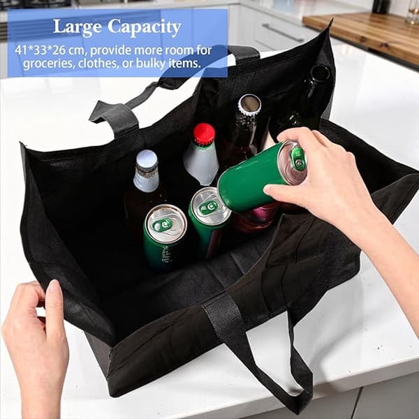 Sæt med 2 Luksus Store Indkøbsposer - XL Indkøbsposer - 41x33x26cm - Maks. 30kg Bæreevne - Sammenklappelige & Selvbærende - Sort