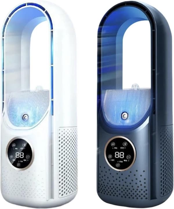 4-i-1 mini luftkylare, vattenkyld, kyla, befuktning och med stämningsbelysning; 3 fläkthastigheter; USB-driven; blå.