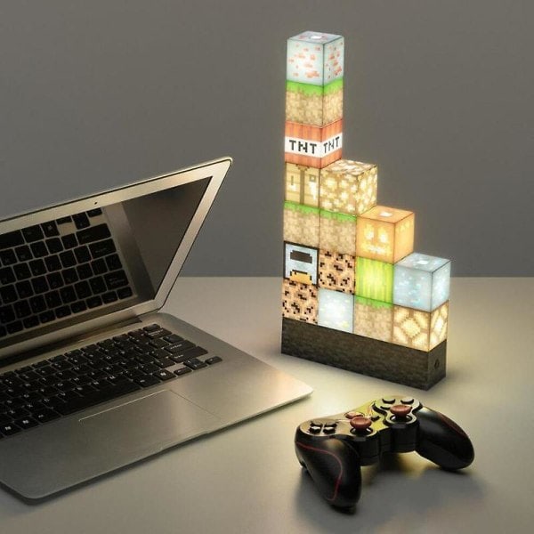Minecraft Byggeklodse Skrivebordslampe - DIY Bordlampe Legetøj - Kreativ Samling Lampe