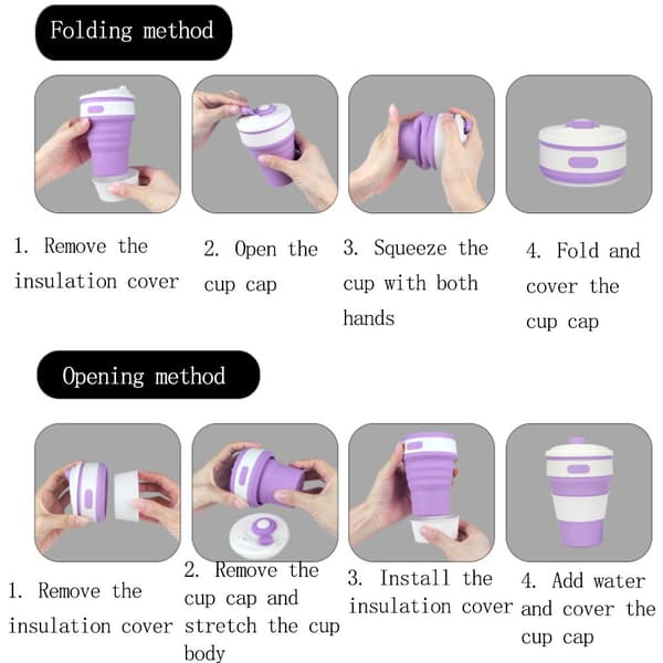 Resemugg - Hopfällbar silikonmugg med lock, Blå + Rosa (350ml)