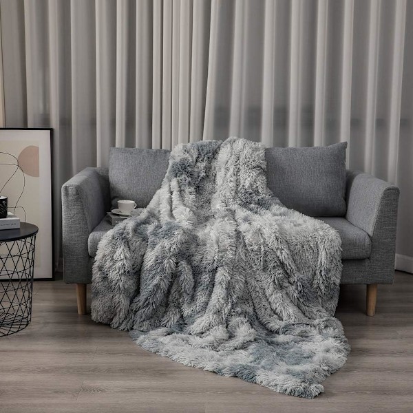 Filt, fluffig fuskpälsfilt, grå fleece, överkast, S