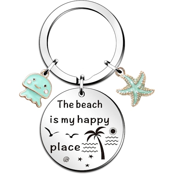 Beach Lover Gift Keyring - Stainless Steel "The Beach is My Happy Place" Key Chain, Christmas/Birthday Gift for Women/Girls