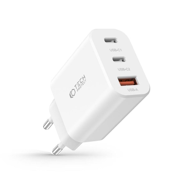 Tech-Protect 30W PD/QC Seinälaturi 2x USB-C 1x USB-A Valkoinen