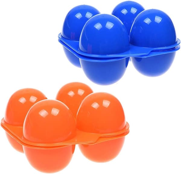 Äggförvaringslåda för utomhusbruk (blå och orange), rymmer 4 ägg, lämplig för camping och picknick.