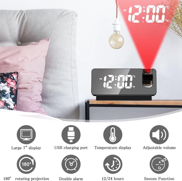 Bärbar projektionsväckarklocka som visar datum och temperatur, LED digital klocka, stöder tak- och väggprojektion, 180° projektor.