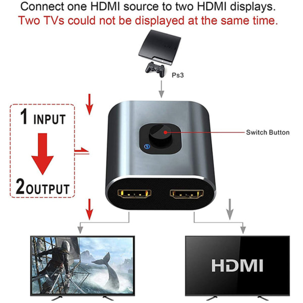 HDMI-switch 4K HDMI-splitter - Techole Aluminium Bidirektionell HDMI-switch 2 ingångar 1 utgång, ingen extern strömförsörjning, stödjer 4K 3D HD 1080P för