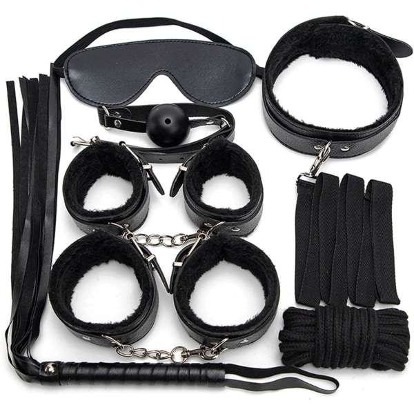 7-delars set läderbondage-kit för vuxna sexlekar - handbojor/piskor/bollgag/rep/halsband BDSM Black