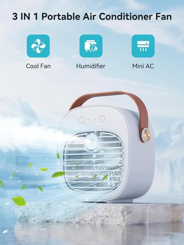 Mini vandkølet luftkøler, genopladelig, tre-trins skrivebordsventilator, hvid.