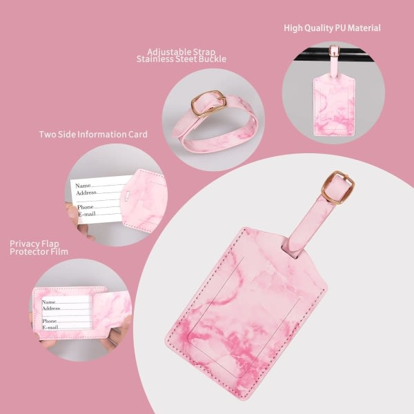 Matkatavaramerkit 2-pakkauksessa, Matkatavaroiden turvallisuusmerkit, PU-marmoriset matkatavaramerkit, Henkilökortin pidike matkojen yksityisyyden suojaamiseksi (Vaaleanpunainen)