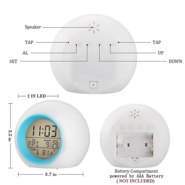 LED Vekkeklokke med Digital Alarm, Innendørs Temperatur, Kalendervisning og Naturlige Lyd - 7 Fargeskiftende Nattelykter