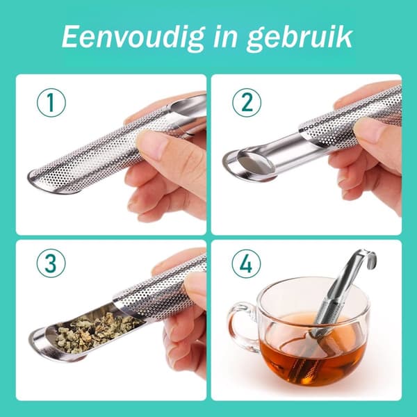 Tesæt i rustfrit stål med finmasket si til ophæng (3 dele), sølv, til løs te og smagsgivere.