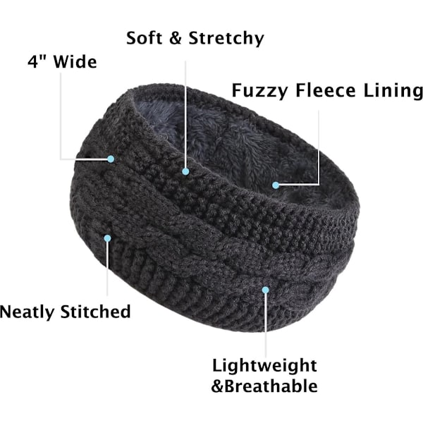 Hårband, 2-pack Vinterstickade Hårband, Lämpliga för Damhår, Bredstickad Öronmuffsfoder, Sammet Fleece Foder, 19*14cm, Svart, Grå