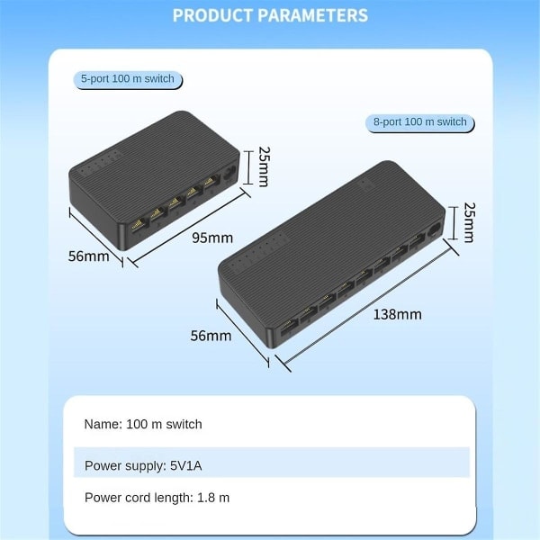 Nätverksbrytare Mini 5-Port Ethernet Switch 100 Mbps Högpresterande Smart Switcher RJ45 Hub Internet Injector, EU-kontakt (FMY)